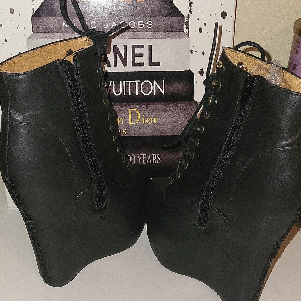 Jeffrey Campbell Damsel Black Lace Up Platform Wedge Boots, Sz 7.5 - Picture 7 of 11